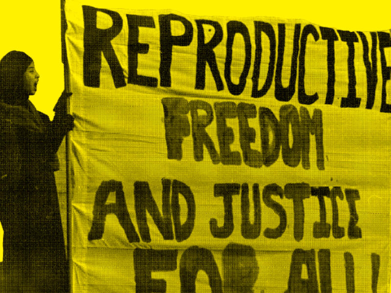 Muslim woman holds a sign, "Reproductive Freedom and Justice For All"