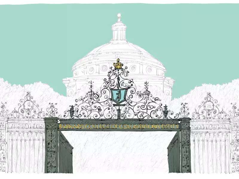 Drawing of Barnard Gate centered against a white building with a dome