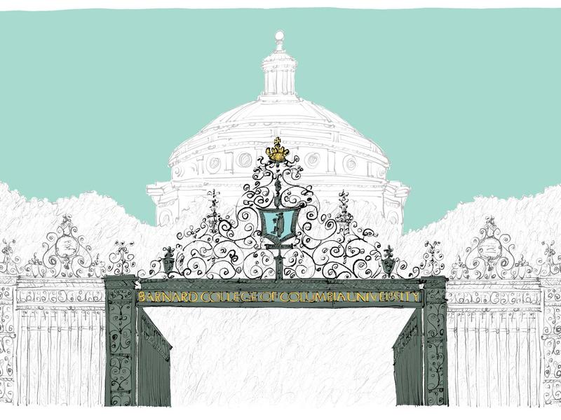 Drawing of Barnard Gate centered against a white building with a dome