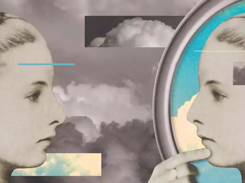 illustration of a young girl looking in the mirror and seeing her reflection.