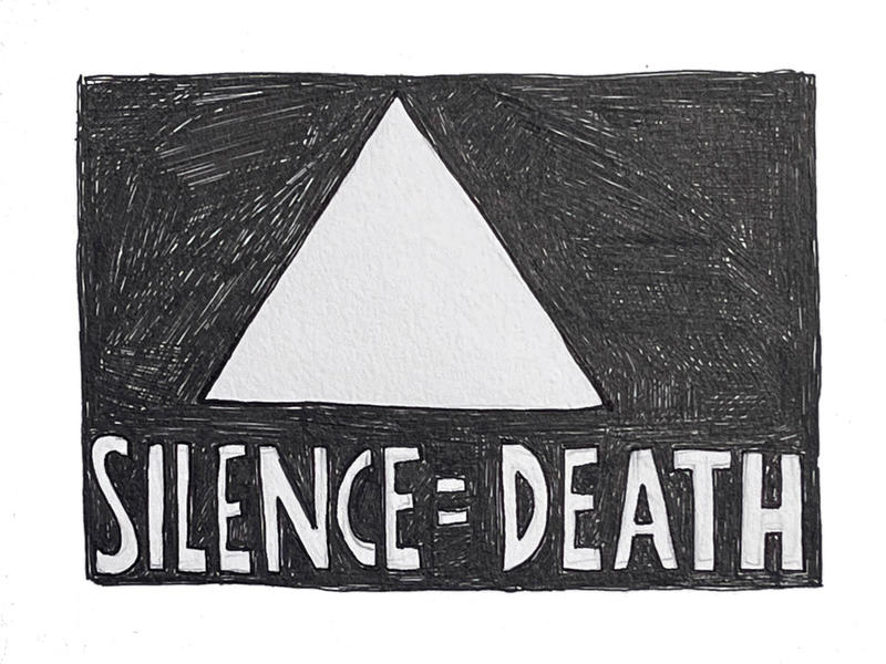 Sketch of triangle with the words "Silence = Death" written underneath