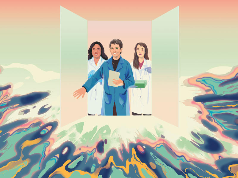 drawing of 3 female researchers in lab coats opening doors