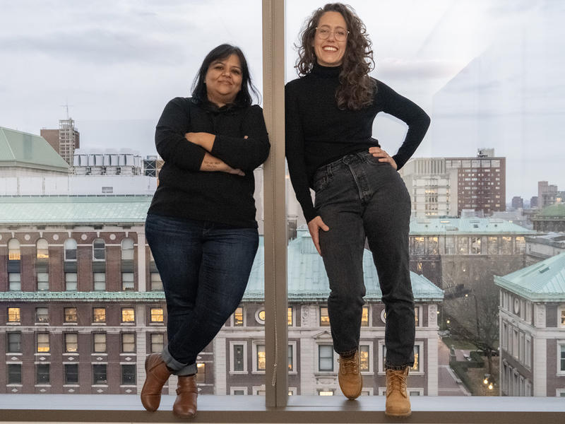 Writer-director Sushma Khadepaun and cinematographer Victoria Sendra stand in window overlooking Columbia campus