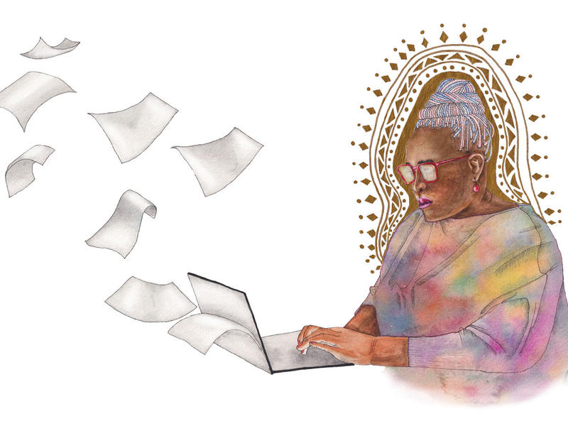Illustration depicts Achiro P. Olwoch with a halo at laptop as sheets of paper fly from the computer representing ideas in flight