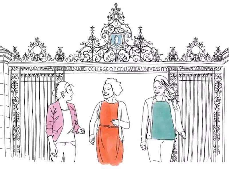 sketch of the Barnard gate and 3 women walking inside
