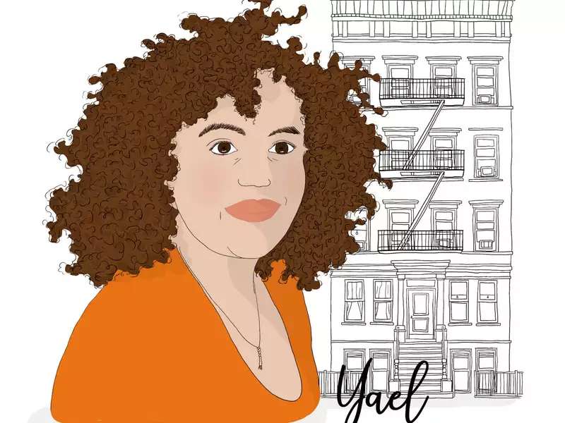 illustrated portrait of a white woman with curly brown hair