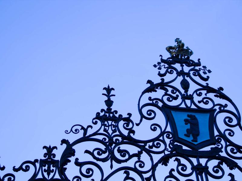 close-up of Barnard gate, detail of the dancing bear against a blue sky