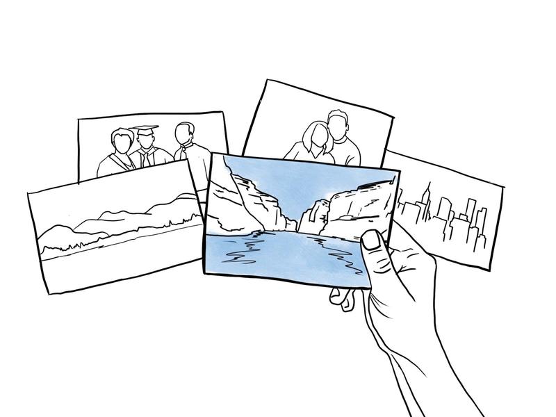 sketch of a hand holding several photos
