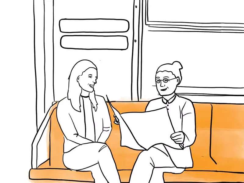 sketch of 2 women seated on a subway train