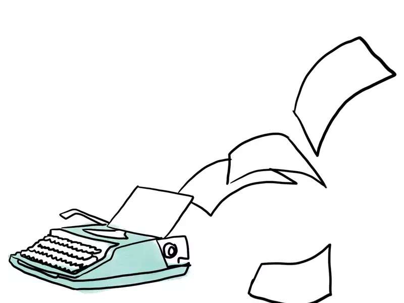 sketch of a typewriter with pages flying out of it