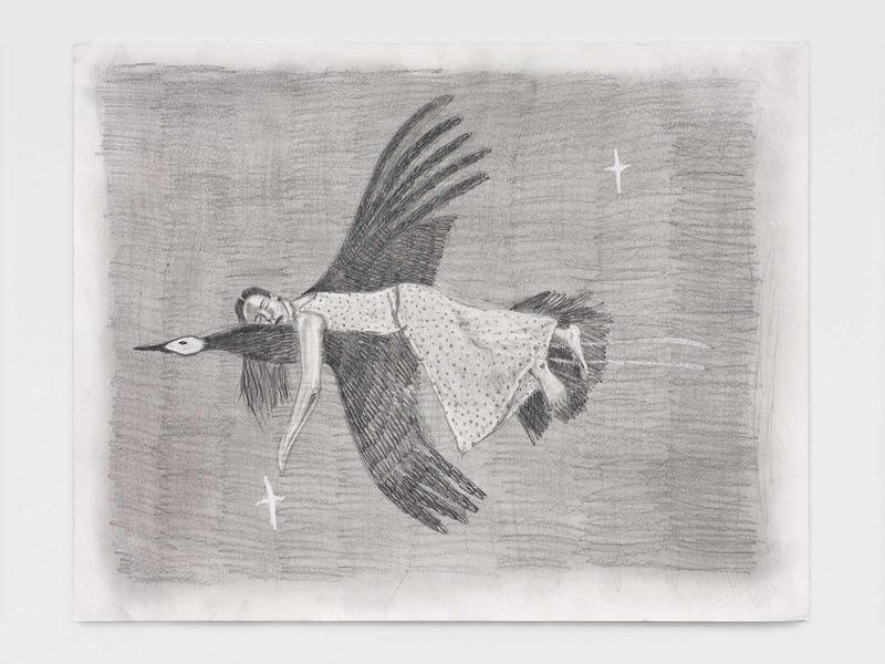  Megan Tighe ’23 Graphite on paper of woman resting atop a flying bird