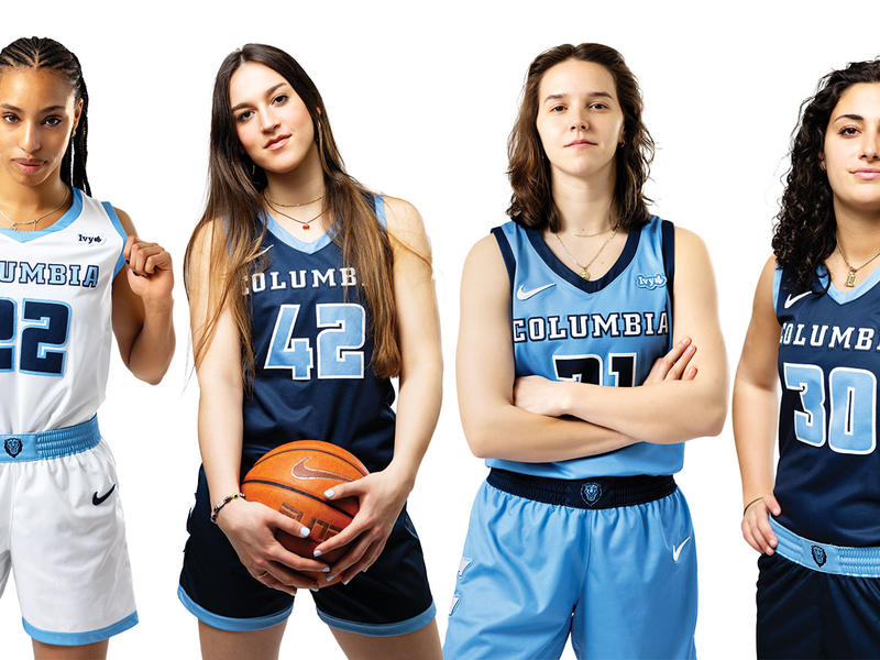 The Barnard Basketball contingent for the Columbia Lions features four women in uniform