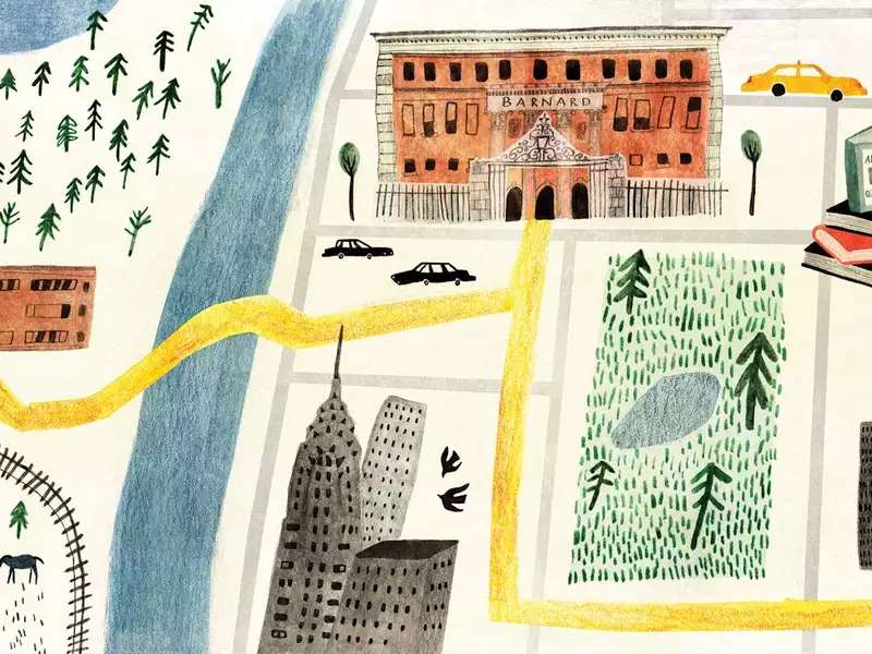 a yellow road connects a rural home to Barnard and a high-rise building in a primitive style illustration