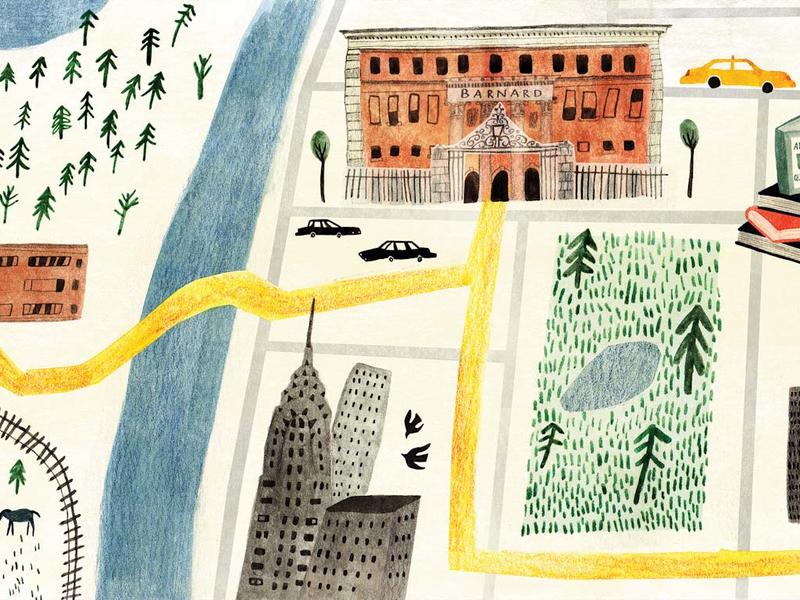 a yellow road connects a rural home to Barnard and a high-rise building in a primitive style illustration