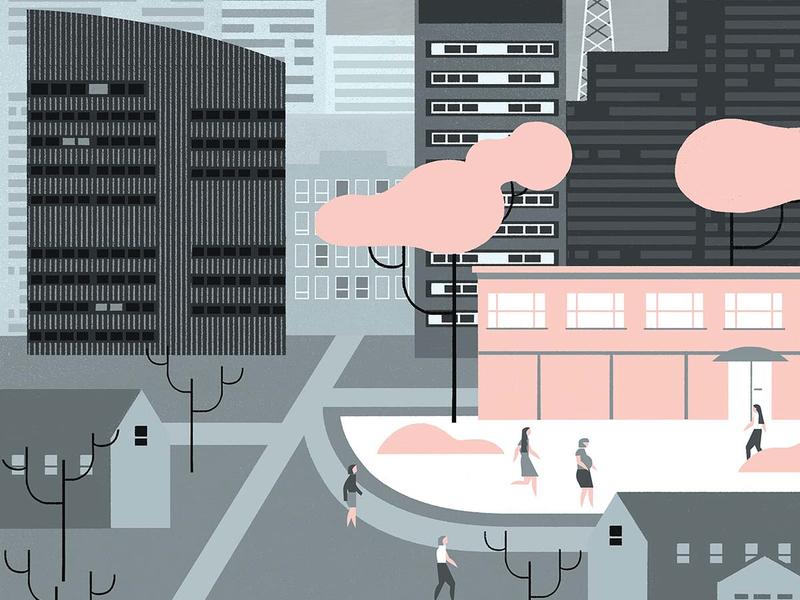 women walking toward a building with taller buildings in the background, an illustration