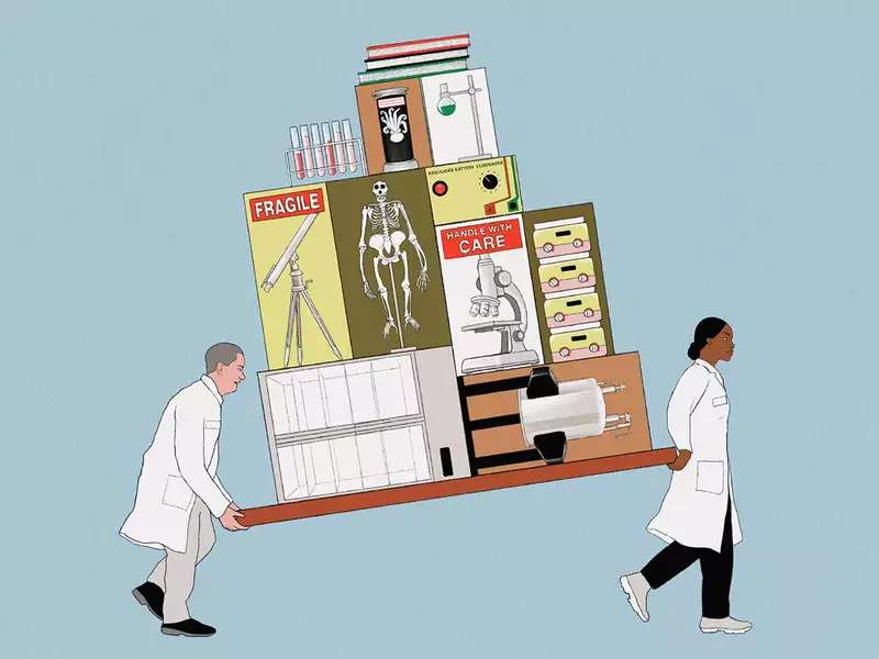 Illustration portrays scientists in lab coats moving science equipment and speciments