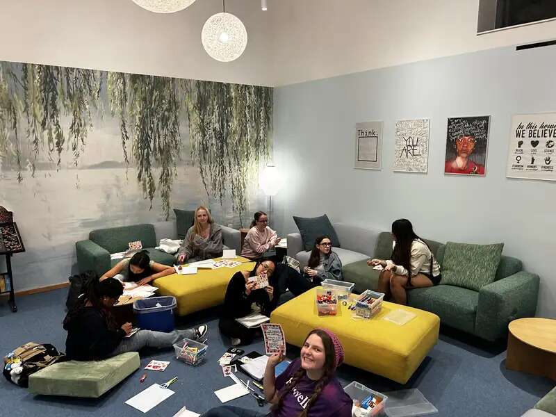 Students taking time to practice self-care during postcard party