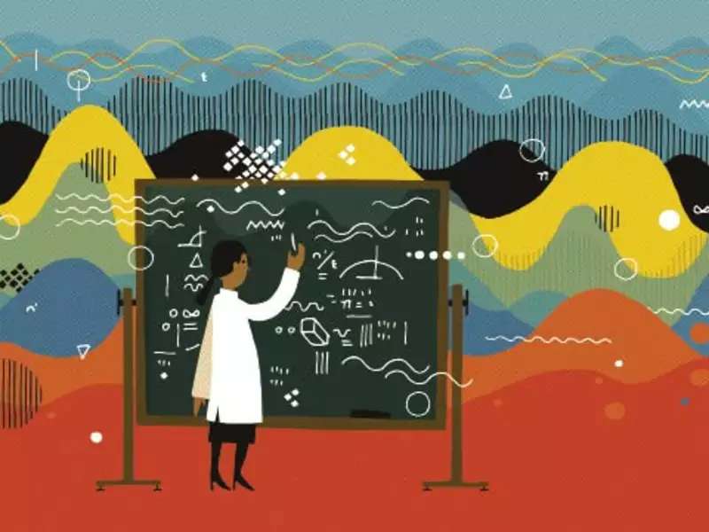 illustration of a black woman writing formulae on a blackboard