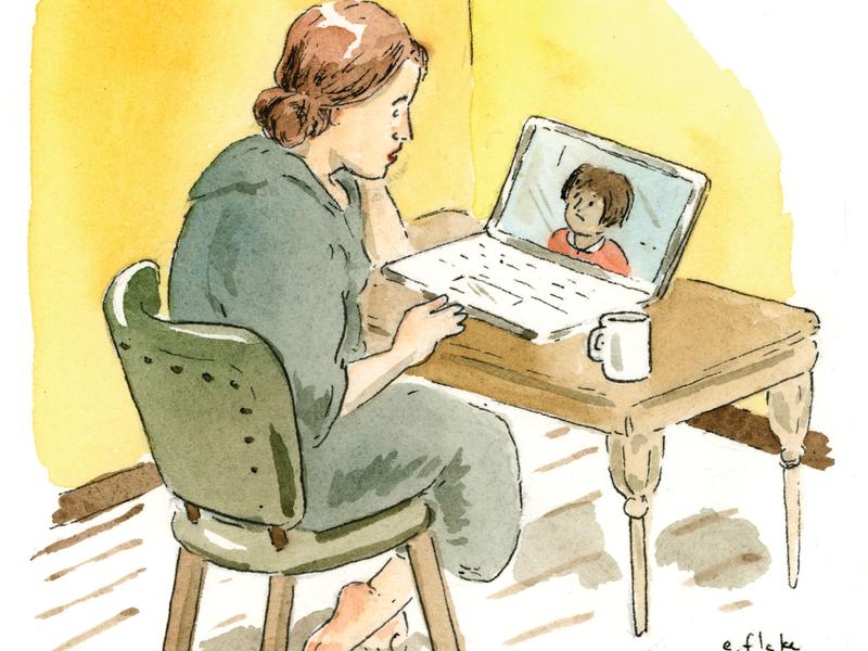 Woman writing on a computer--illustration