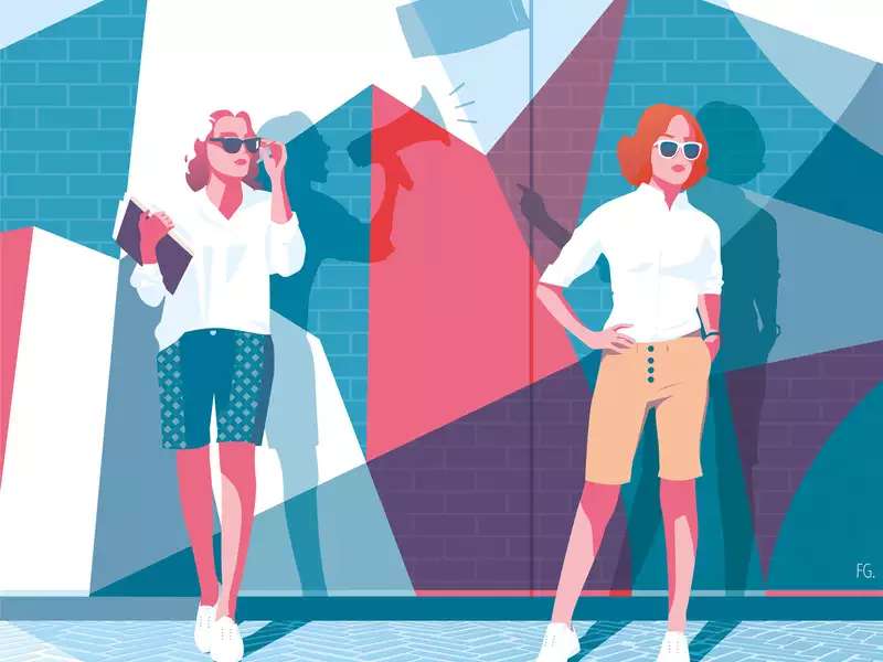 Two women wearing bermuda shorts--illustration