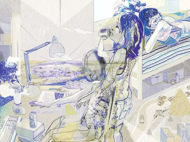 illustration of 2 students hanging out in a dorm room