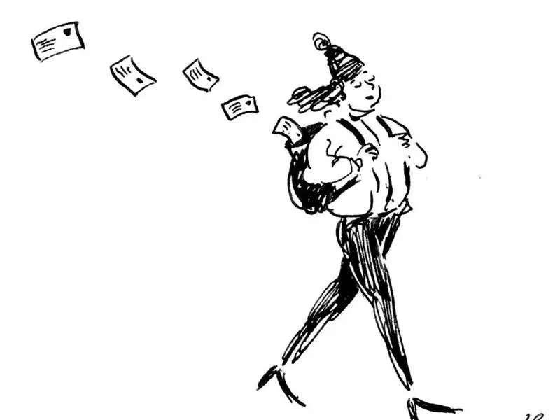 mail flutters out of a woman's backpack--illustration