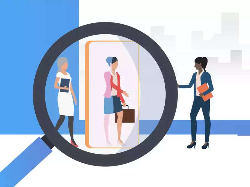 Magnifying glass hovers over woman walking through a door held open by another woman--illustration