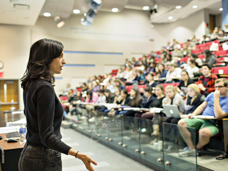 Woman lectures in a large, full lecture hall