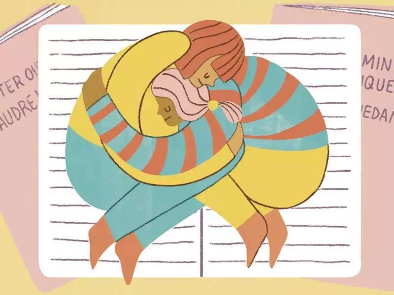 2 women curled around each other in a hug, an illustration