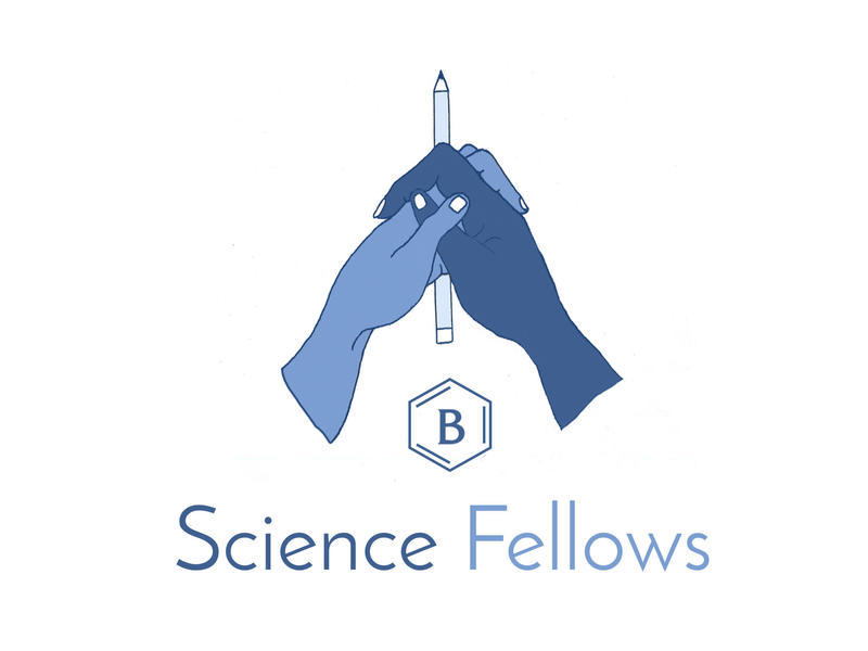 two hands clasp a pencil, Barnard science fellow logo